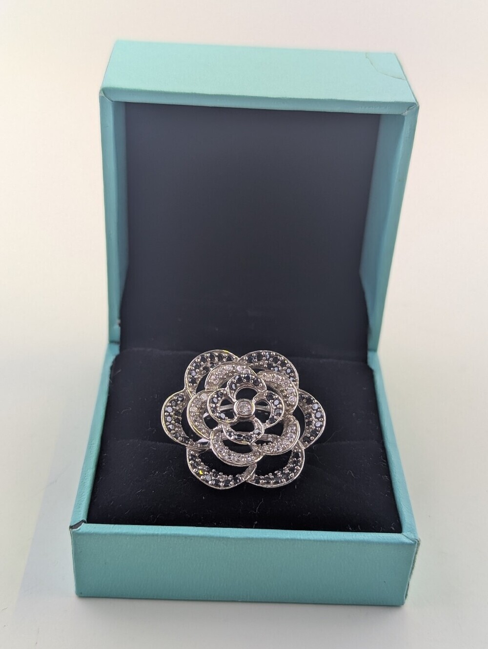 🌹Vintage Sterling Silver 925 Black & White Stone Camellia Rose Ring ✨